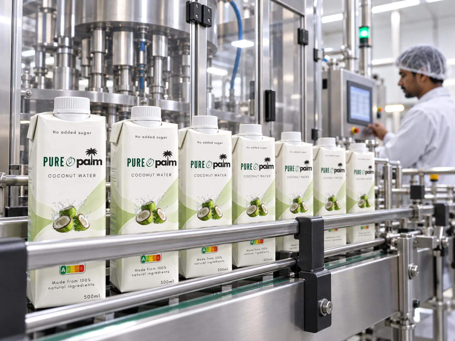PURE O PALM cartons moving through a modern enclosed aseptic filling line