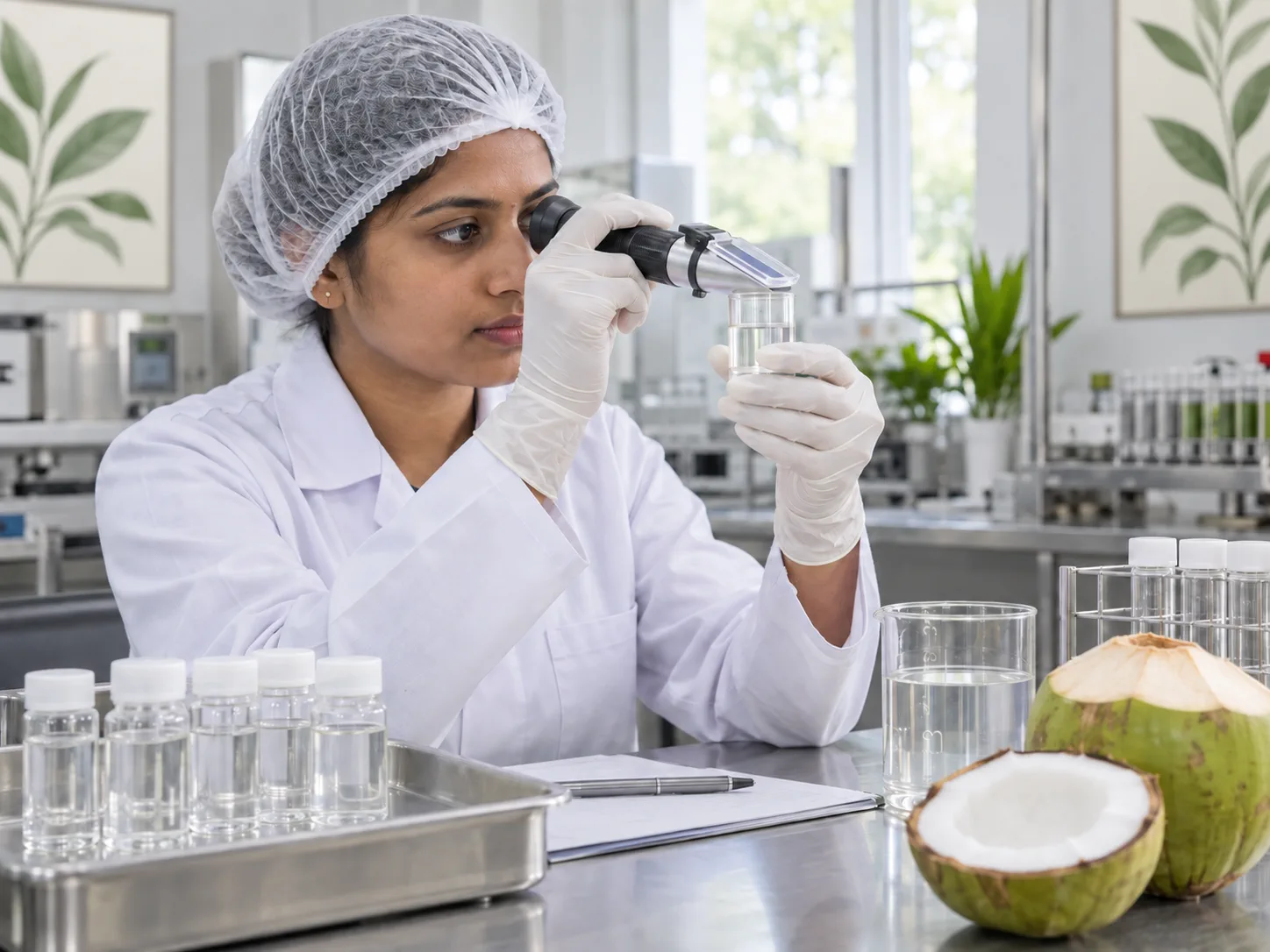 A food quality technician testing a clear coconut water sample in a clean laboratory