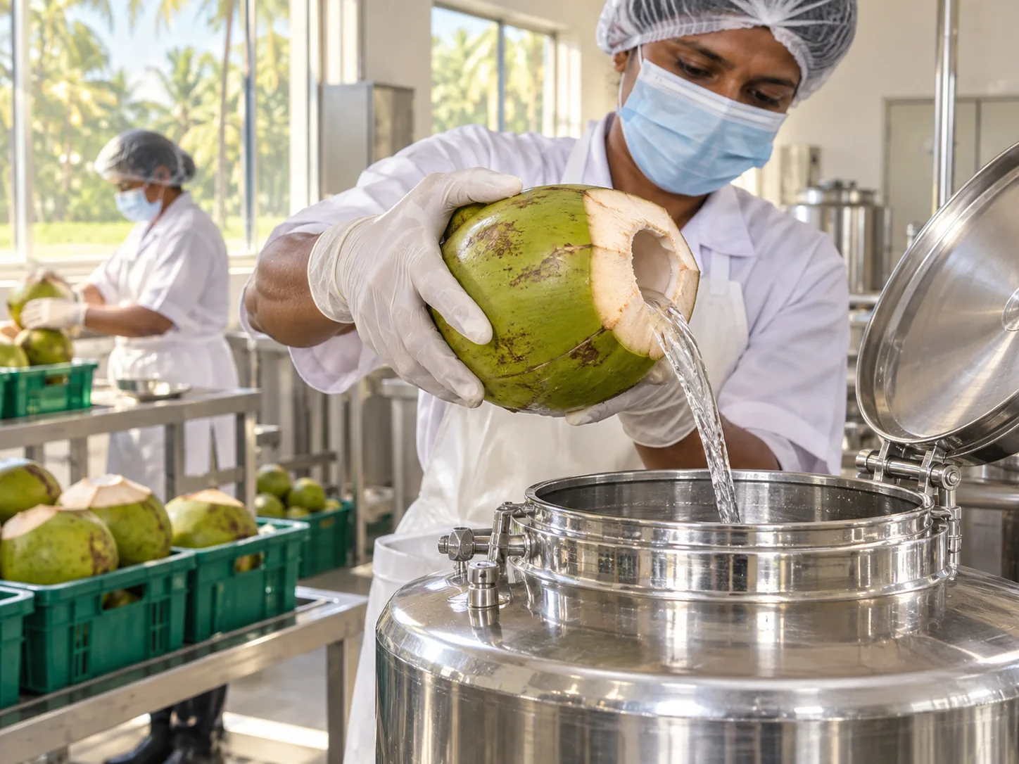 Fresh coconut water being collected hygienically in a stainless steel processing room