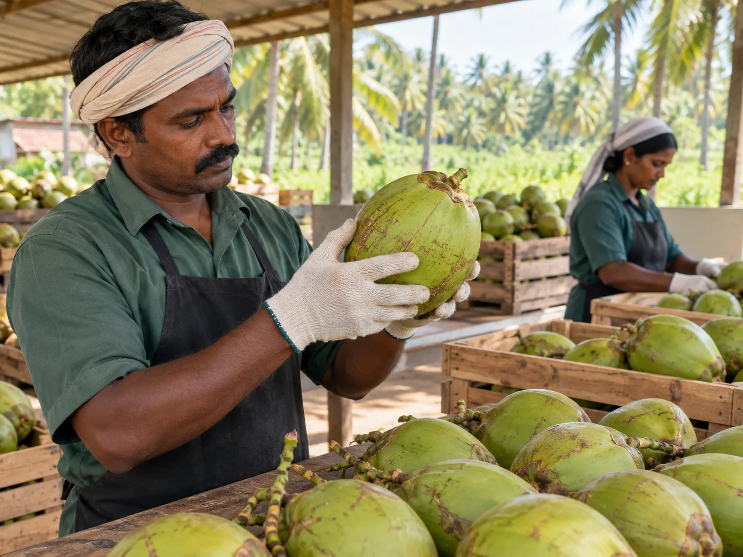 A trained coconut worker carefully inspecting mature green coconuts after harvest